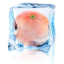 Image of Fresh grapefruit inside ice cube on white background