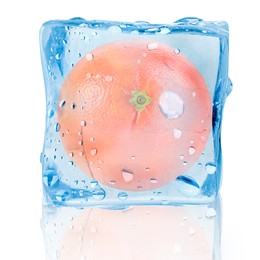 Image of Fresh grapefruit inside ice cube on white background