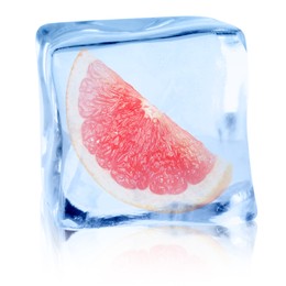 Image of Piece of fresh grapefruit inside ice cube on white background