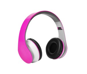 Image of Magenta color headphones with pads on white background