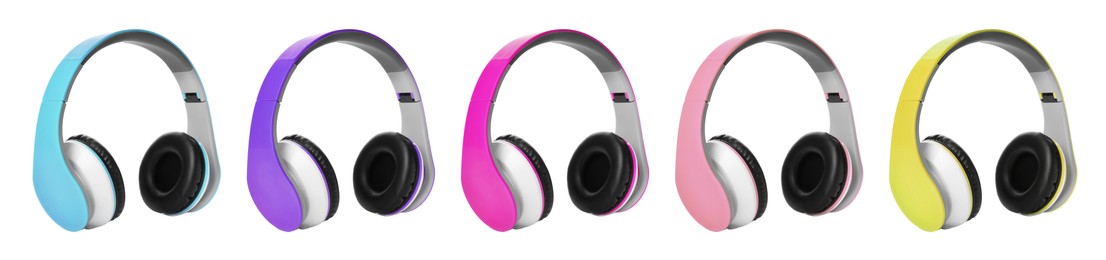 Image of Modern headphones in different colors on white background, set