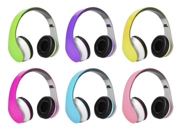 Image of Modern headphones in different colors on white background, set