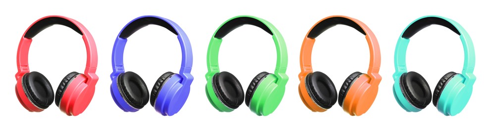 Image of Modern headphones in different colors on white background, set