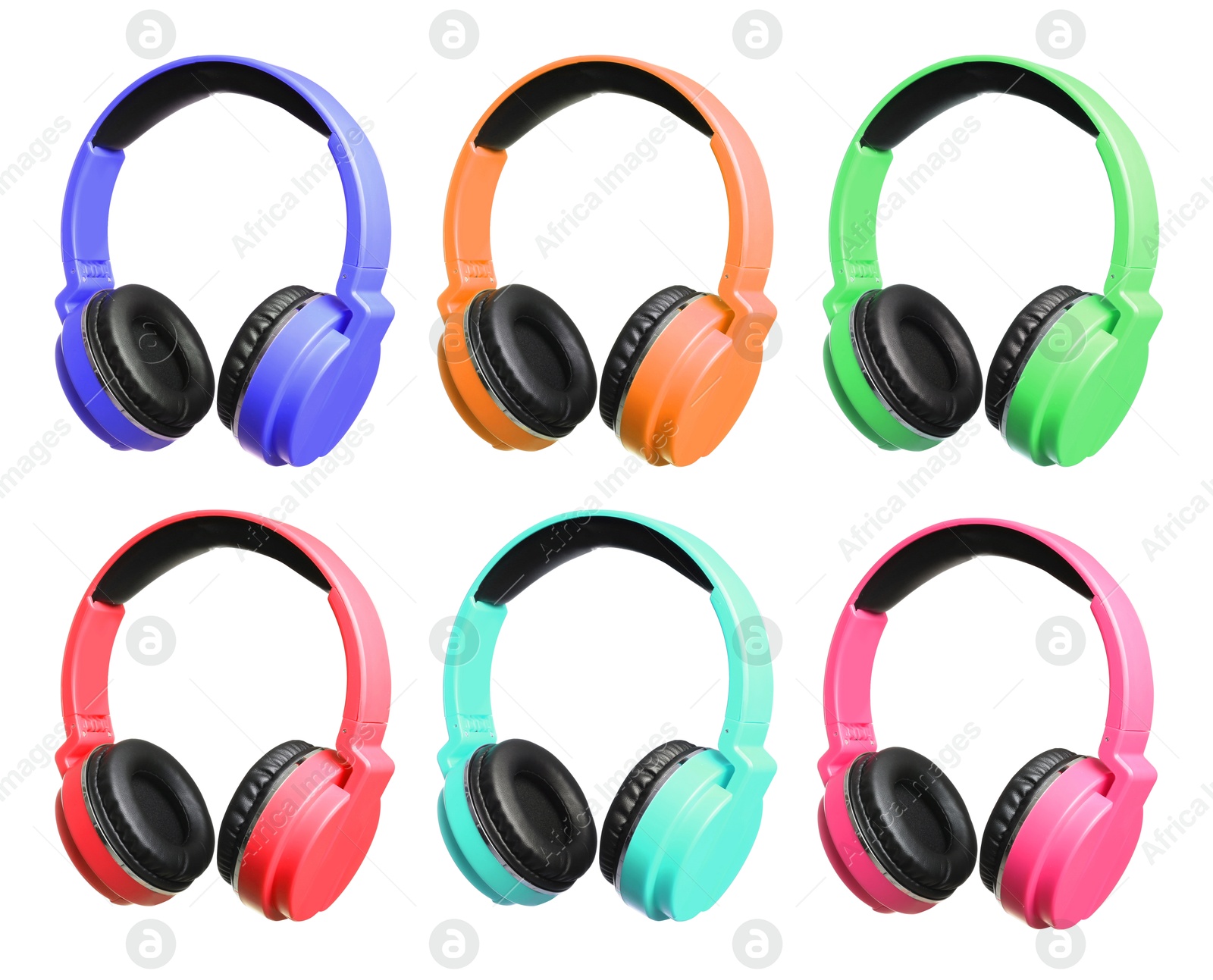 Modern headphones in different colors on white background, set Image of Modern headphones in different colors on white background, set