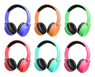 Image of Modern headphones in different colors on white background, set