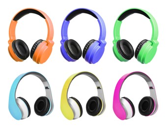 Image of Different colorful headphones on white background, set