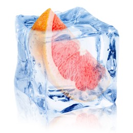 Image of Piece of fresh grapefruit inside ice cube on white background