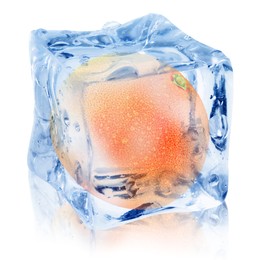 Image of Fresh grapefruit inside ice cube on white background