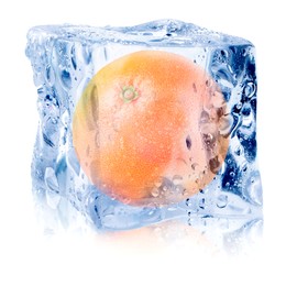 Image of Fresh grapefruit inside ice cube on white background