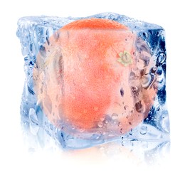 Image of Fresh grapefruit inside ice cube on white background