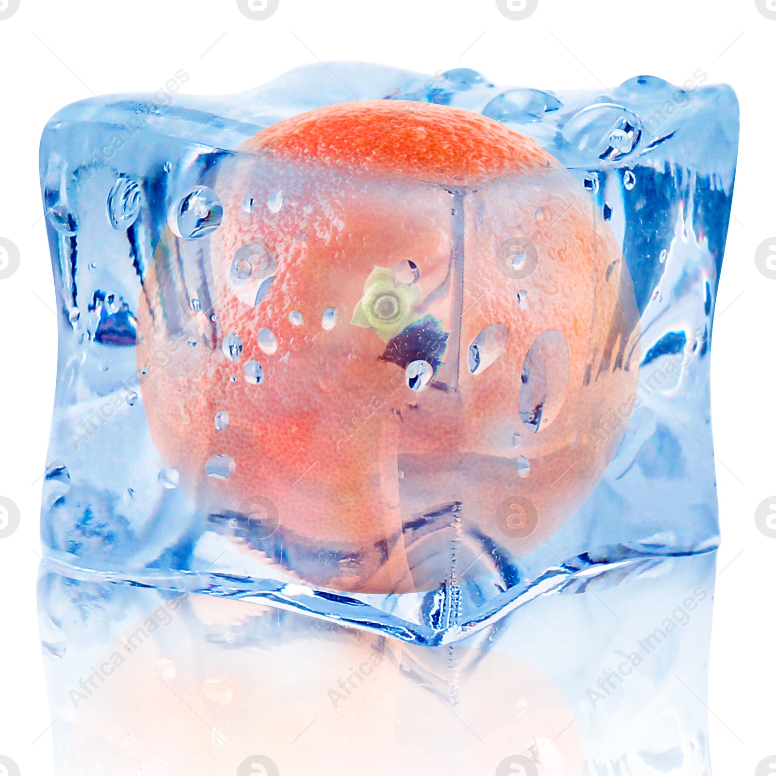 Image of Fresh grapefruit inside ice cube on white background