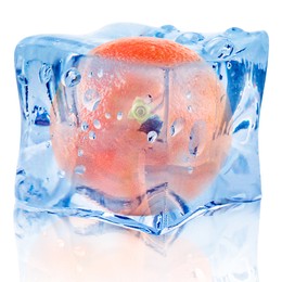 Image of Fresh grapefruit inside ice cube on white background