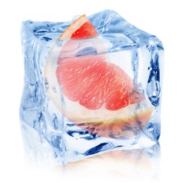 Image of Piece of fresh grapefruit inside ice cube on white background