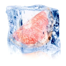 Image of Piece of fresh grapefruit inside ice cube on white background