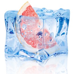 Image of Piece of fresh grapefruit inside ice cube on white background