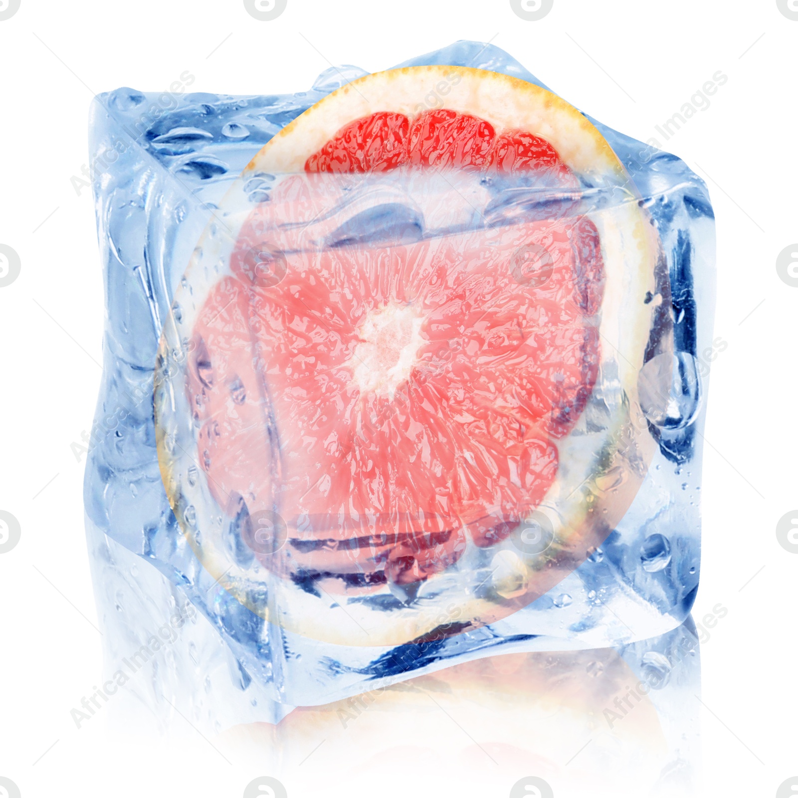 Image of Half of fresh grapefruit inside ice cube on white background