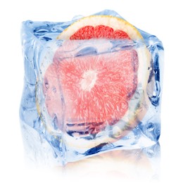 Image of Half of fresh grapefruit inside ice cube on white background