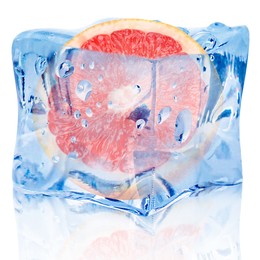 Image of Half of fresh grapefruit inside ice cube on white background