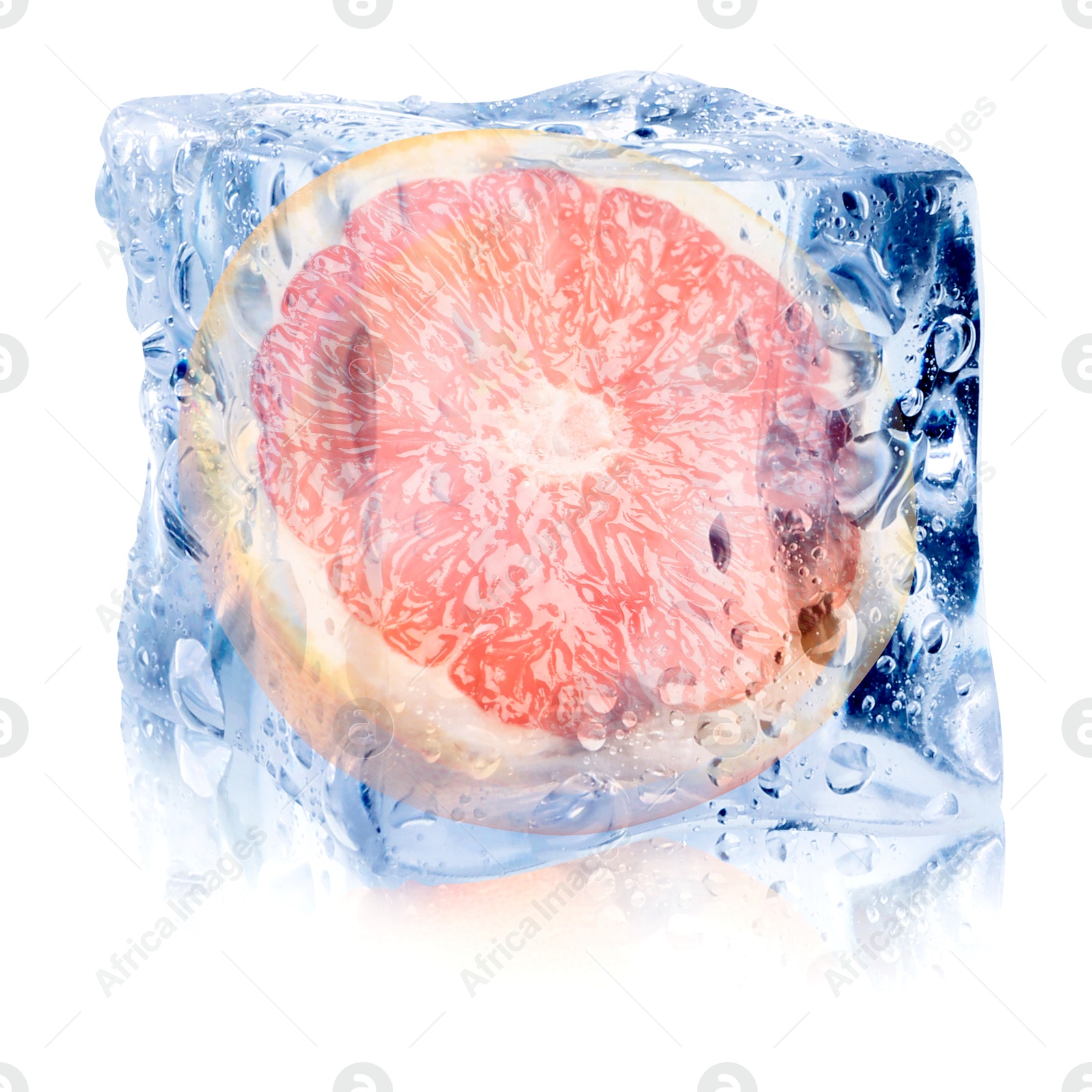 Image of Half of fresh grapefruit inside ice cube on white background