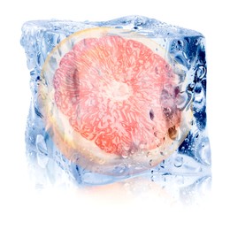 Image of Half of fresh grapefruit inside ice cube on white background