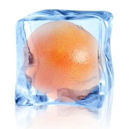 Image of Fresh grapefruit inside ice cube on white background