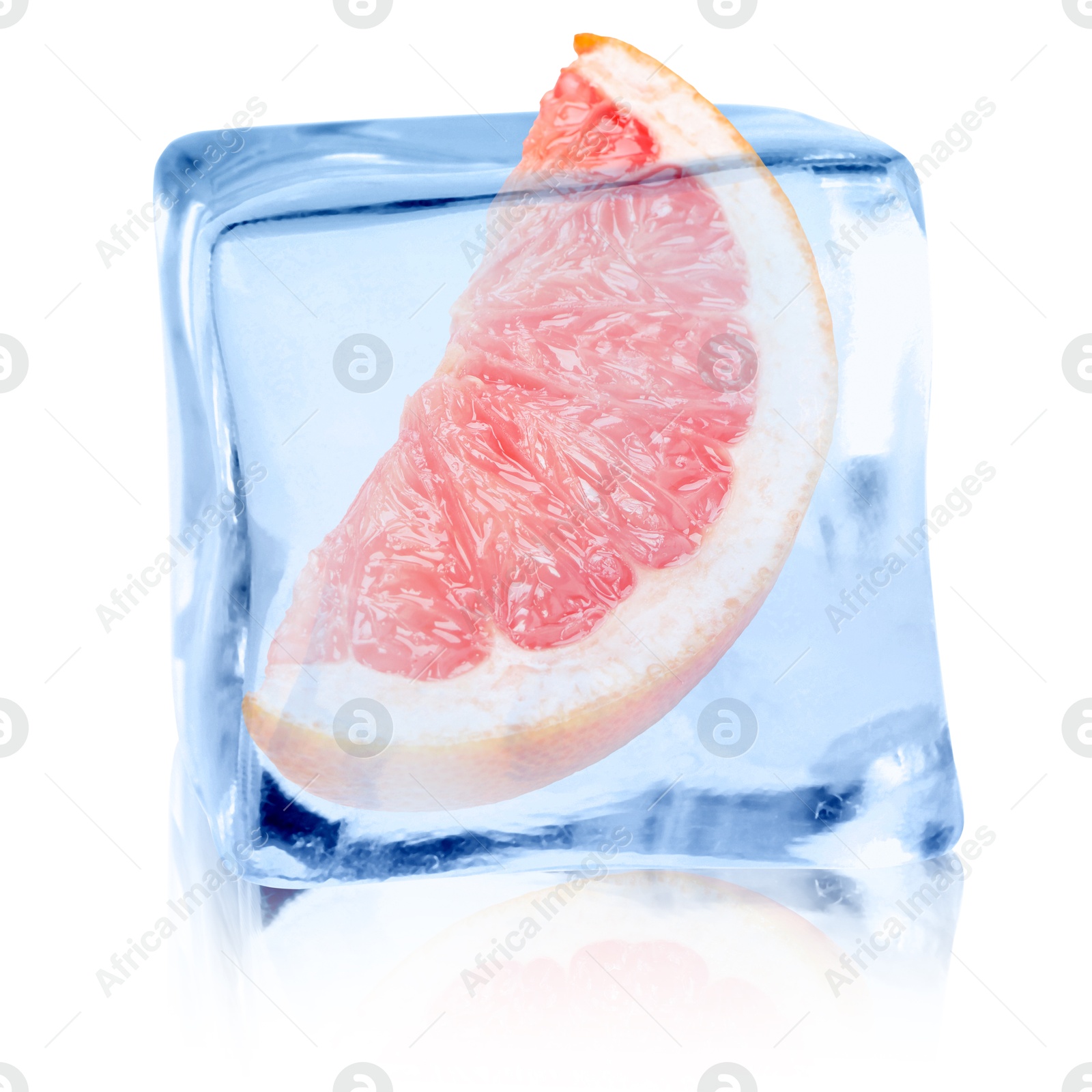 Image of Piece of fresh grapefruit inside ice cube on white background