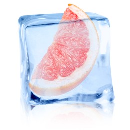 Image of Piece of fresh grapefruit inside ice cube on white background