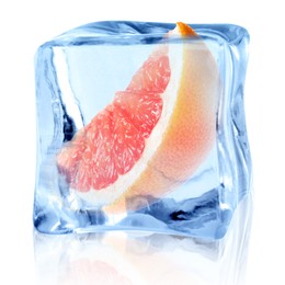Image of Piece of fresh grapefruit inside ice cube on white background