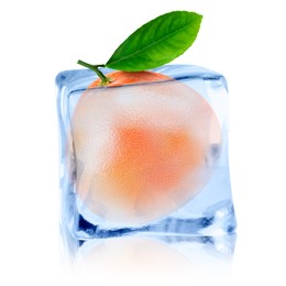 Image of Fresh grapefruit inside ice cube on white background