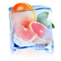Image of Fresh grapefruits inside ice cube on white background