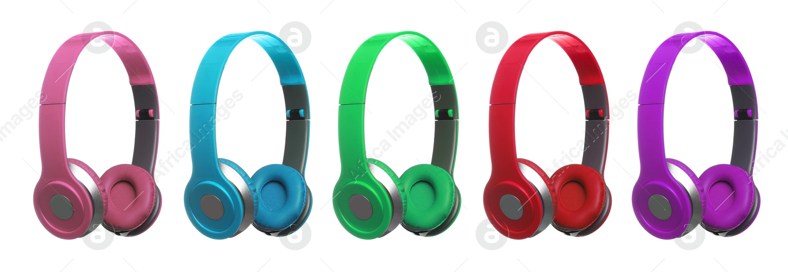 Modern headphones in different colors on white background, set Image of Modern headphones in different colors on white background, set