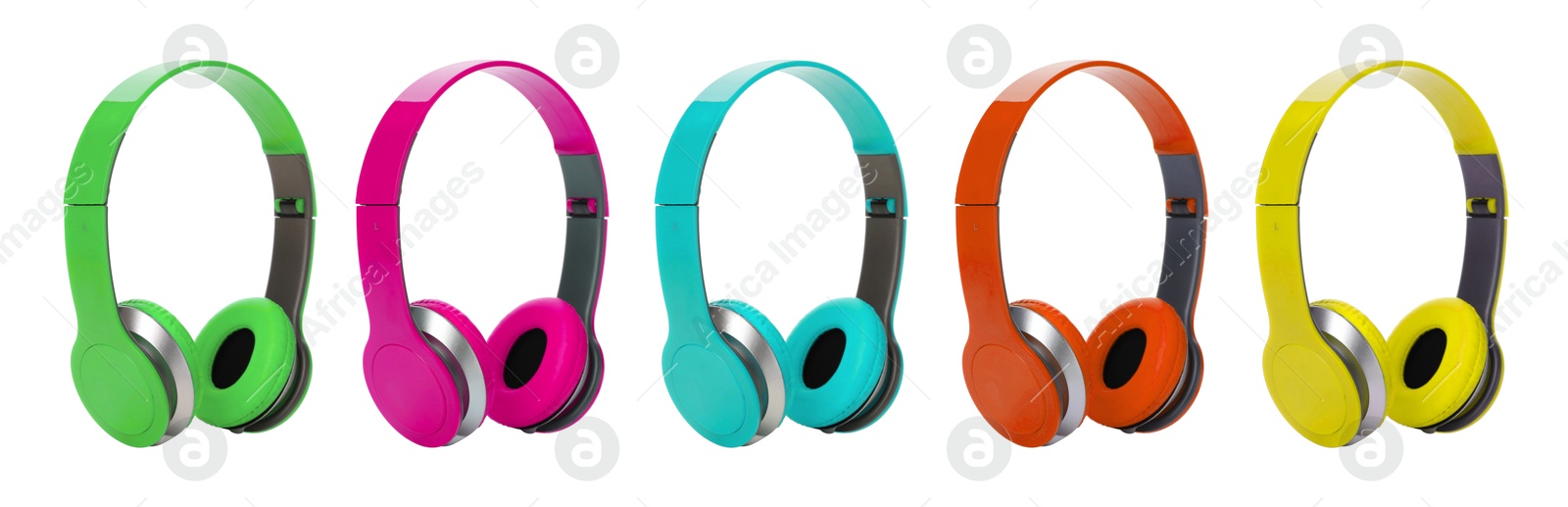 Modern headphones in different colors on white background, set Image of Modern headphones in different colors on white background, set