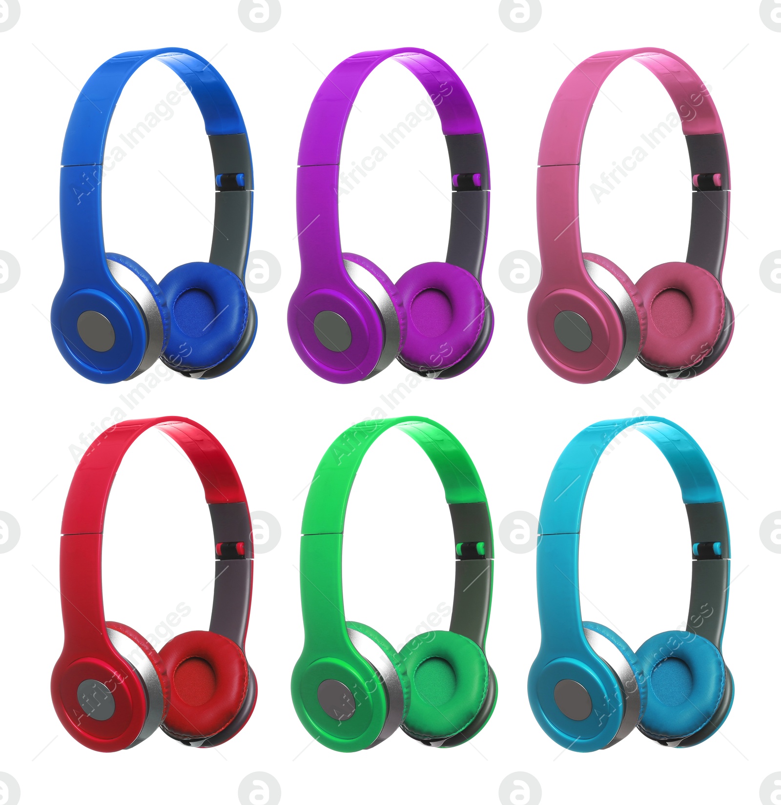 Modern headphones in different colors on white background, set Image of Modern headphones in different colors on white background, set