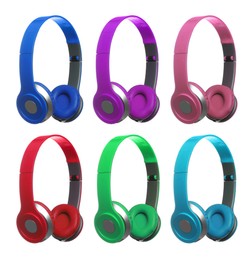 Image of Modern headphones in different colors on white background, set