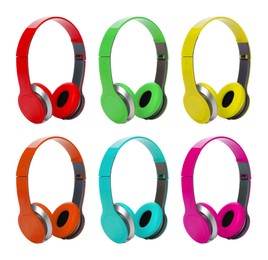 Image of Modern headphones in different colors on white background, set