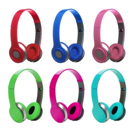 Image of Different colorful headphones on white background, set