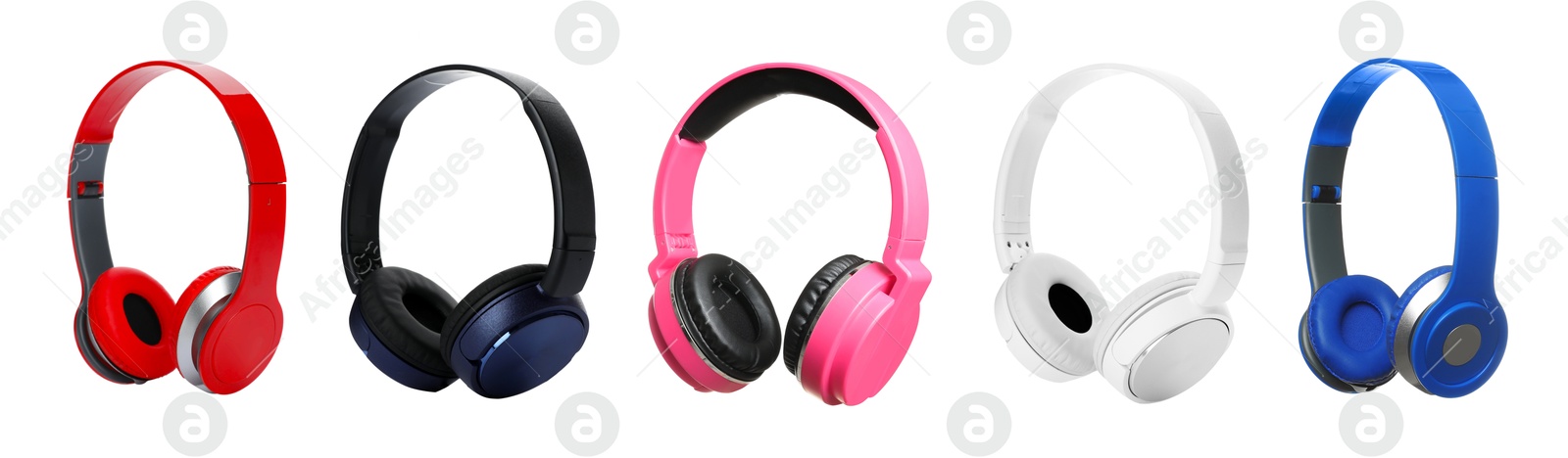 Different colorful headphones on white background, set Image of Different colorful headphones on white background, set