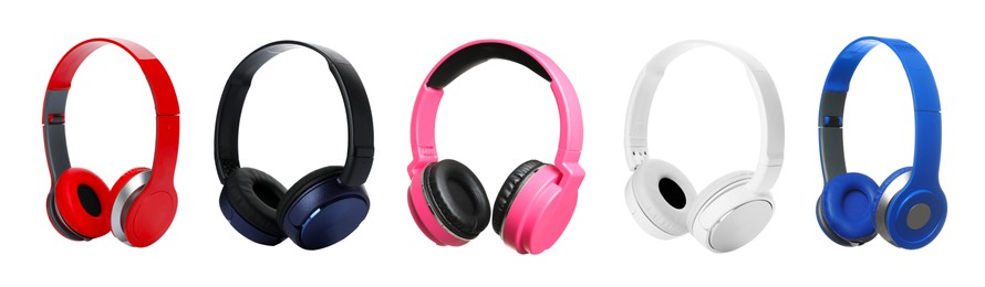 Image of Different colorful headphones on white background, set