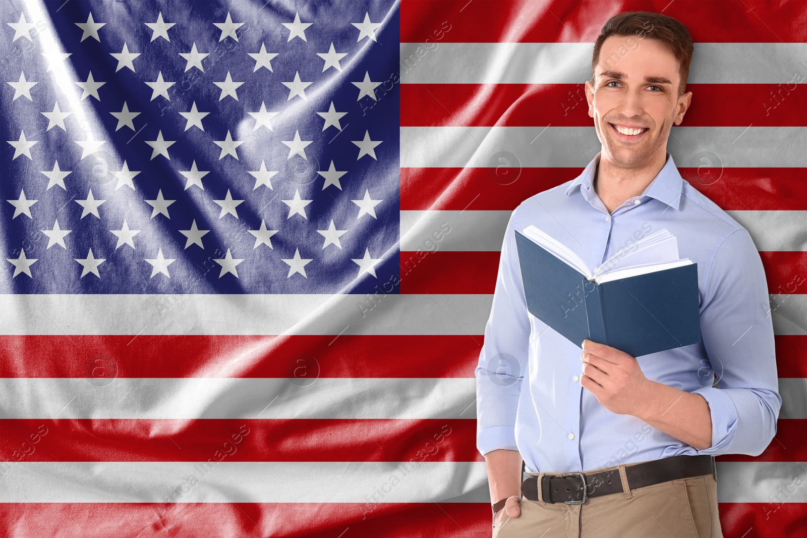 Teacher with book against flag of USA. Language school Image of Teacher with book against flag of USA. Language school