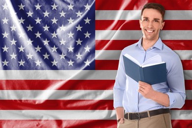 Image of Teacher with book against flag of USA. Language school