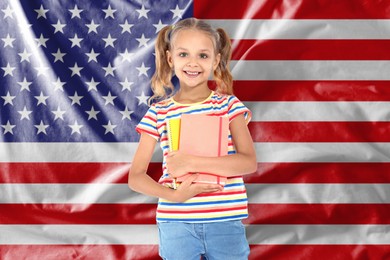 Image of Little girl with notebooks against flag of USA. Language school