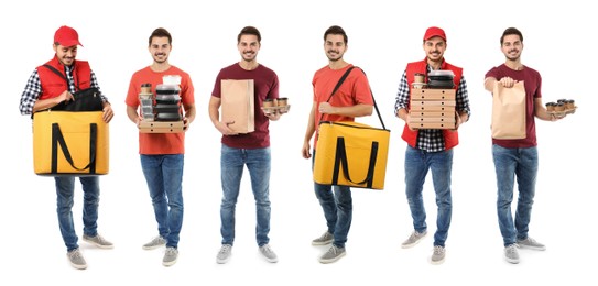 Image of Food delivery service worker isolated on white, collage of portraits