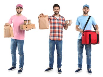 Image of Food delivery service worker isolated on white, collage of portraits