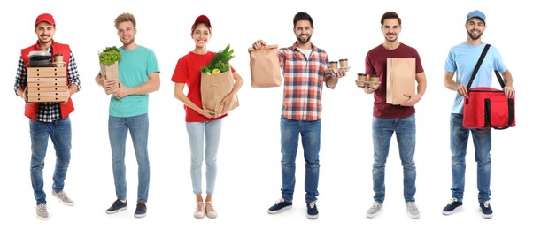 Image of Food delivery service workers isolated on white, collage of portraits