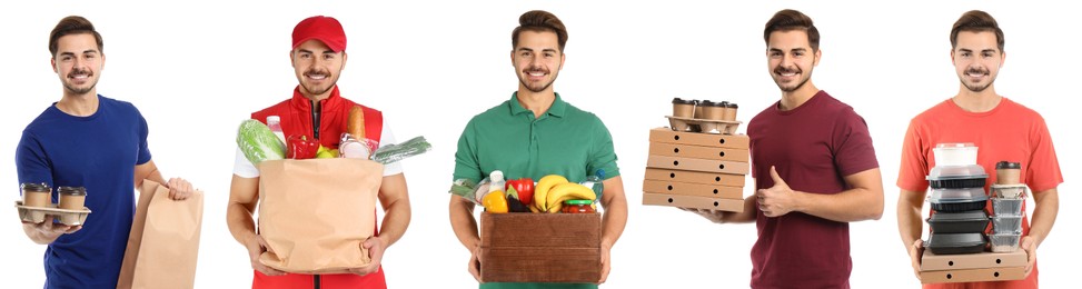 Image of Food delivery service worker isolated on white, collage of portraits