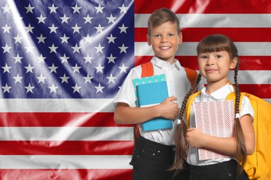 Image of Children with backpacks and notebooks against flag of USA. Language school