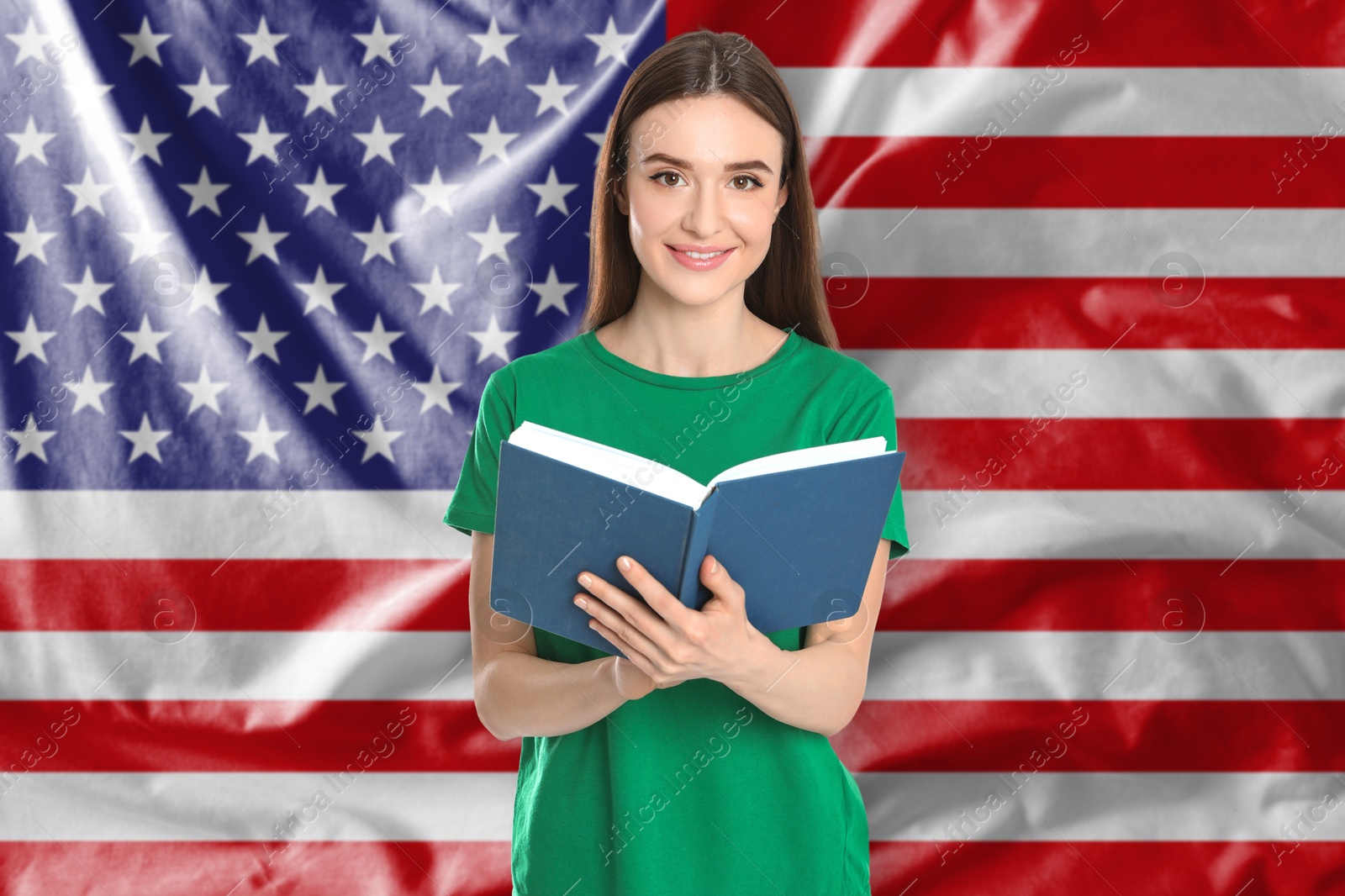 Teacher or student with book against flag of USA. Language school Image of Teacher or student with book against flag of USA. Language school