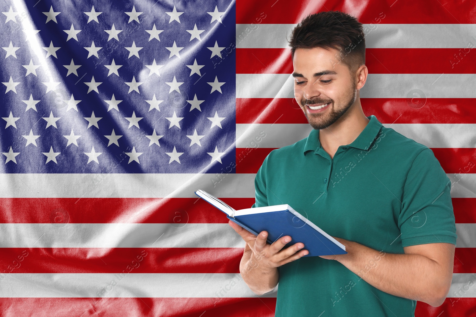 Image of Teacher or student with book against flag of USA. Language school