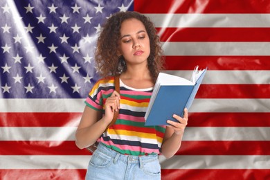 Image of Student with book against flag of USA. Language school
