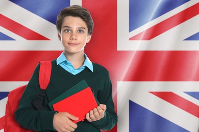 Image of Student with backpack and notebooks against flag of United Kingdom. Language school